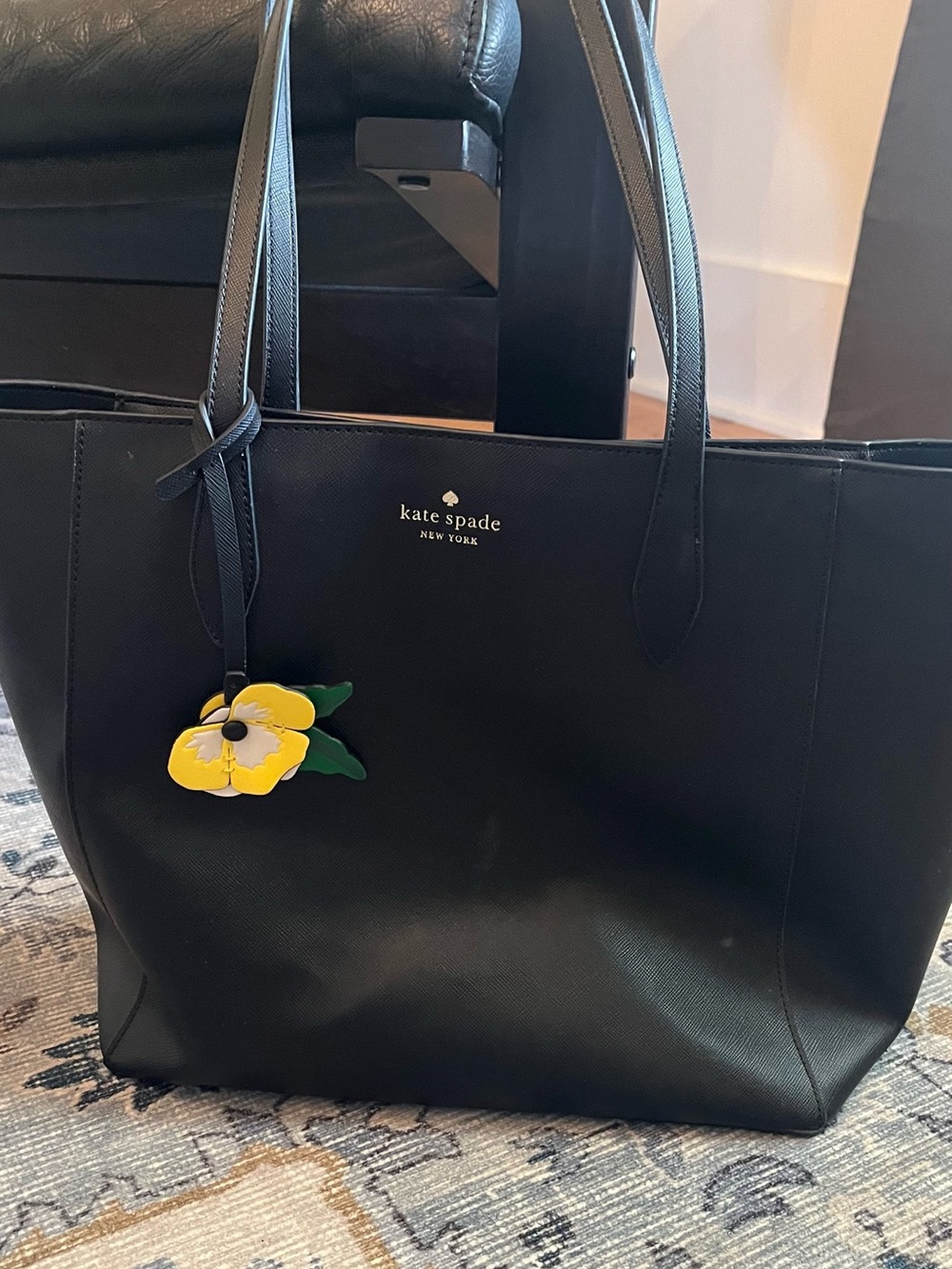 kate spade Black Leather Dana Tote with Yellow Flower Charm